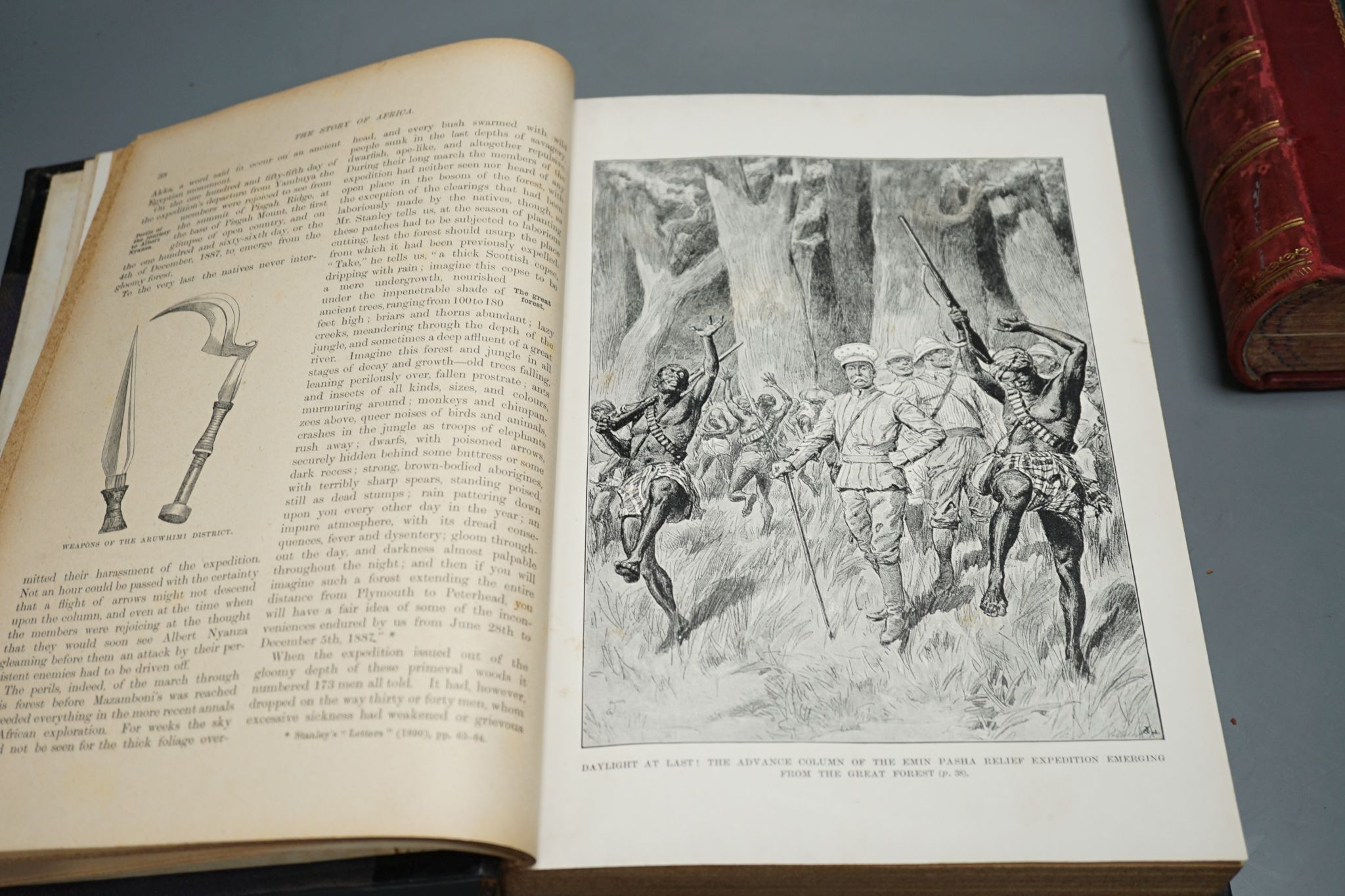Brown, Robert - The Story of Africa and its Explorers. 4 vols. (in 2). num. plates and other engraved illus., half titles; contemp. half calf and cloth, gilt and blind decorated spines, with red labels, 4to. (ca.1895); t